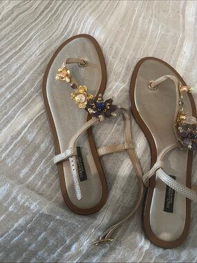 Dolce & Gabbana Beige Floral Crystal-Embellished Leather Sandals